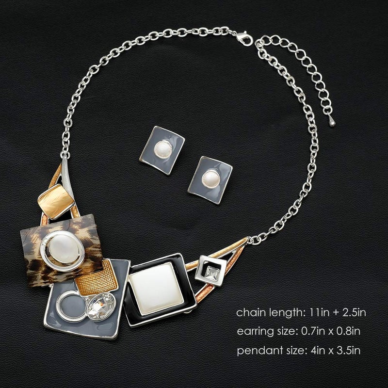 CSY Fashion Oval Crystal Opals Statement Bib Necklace Earrings Silver Plated Bohemian Costume Jewelry Set Gifts for Women - Image 3